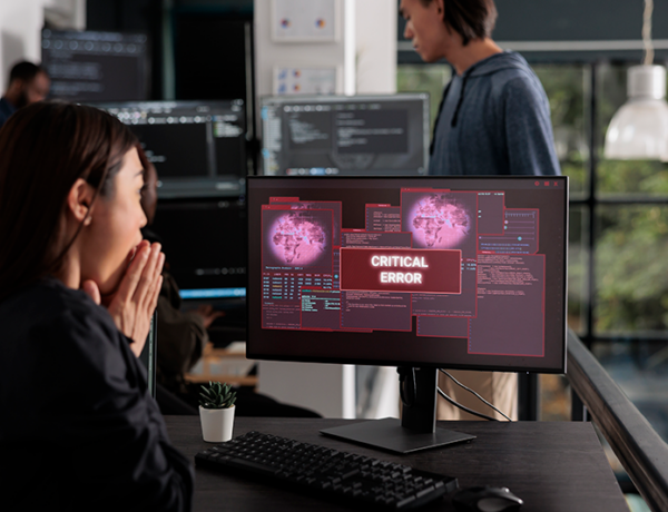 lady at computer with virus message on screen