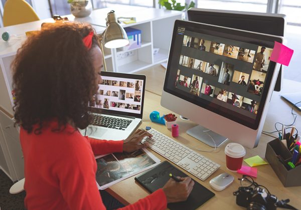 A woman working at a computer