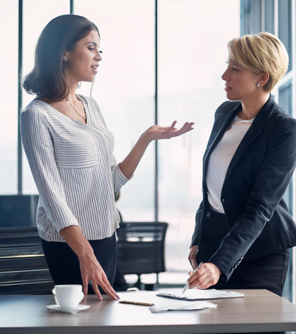 2 business women standing at a desk