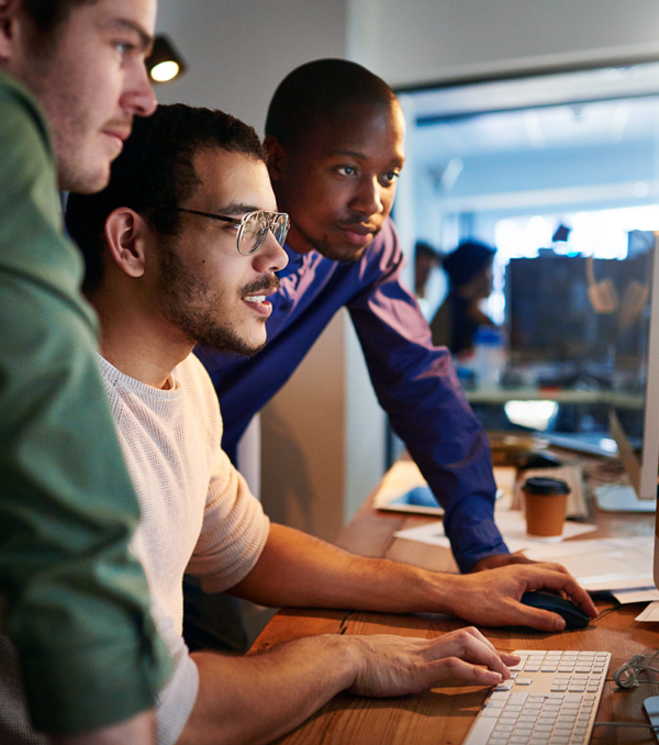 men working on a website at a computer
