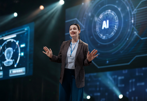 A woman speaking about AI