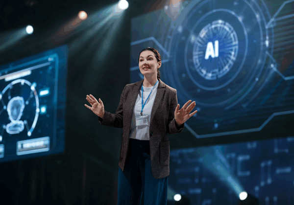 A woman speaking about AI