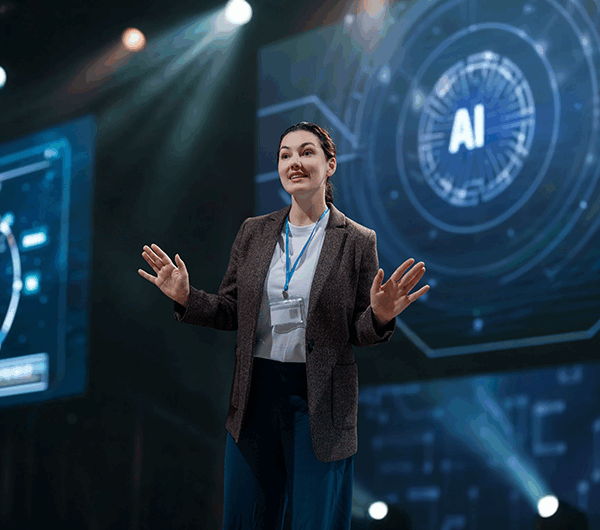 A woman speaking about AI