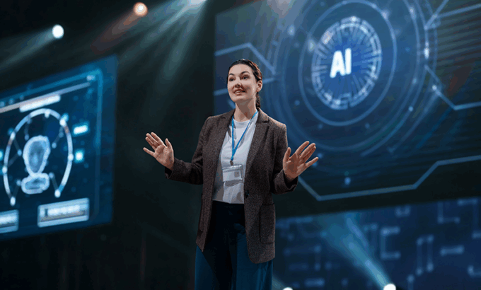 A woman speaking about AI